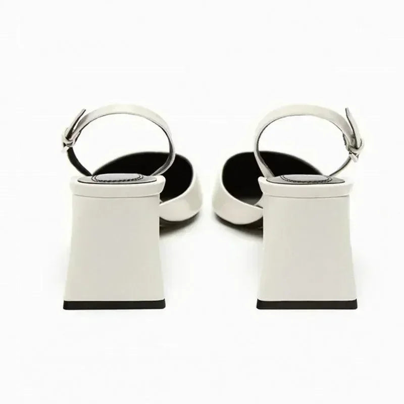 Women White Pointed Toe Ankle Strap Block Heel Shoes