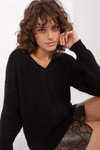 Women's Hip-Length Textured V-Neck Pullover Sweater