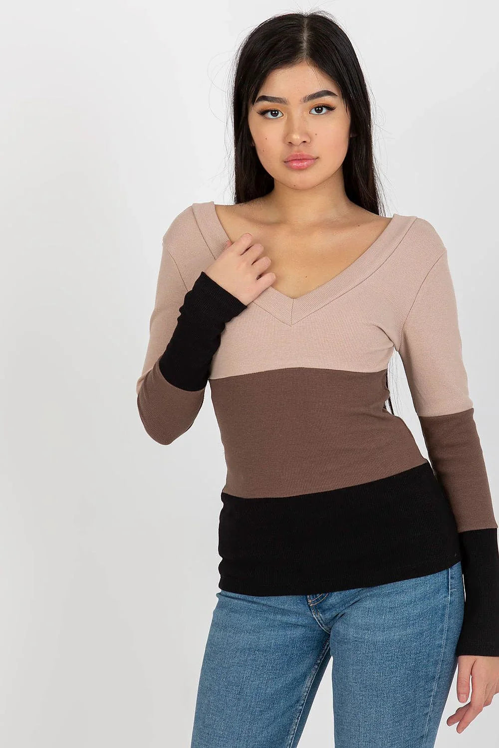 Women's Long Sleeve Blouse - Colorblock Waist Length