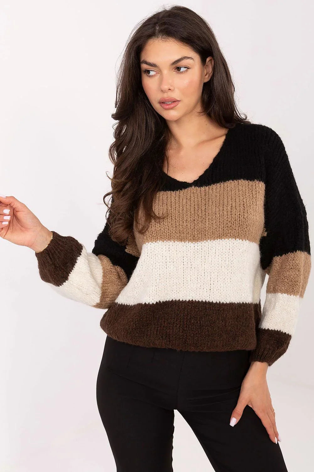 Women's Slouchy Striped Oversized V-Neck Pullover Sweater