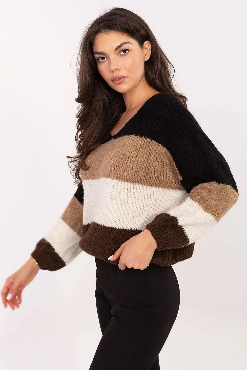 Women's Slouchy Striped Oversized V-Neck Pullover Sweater