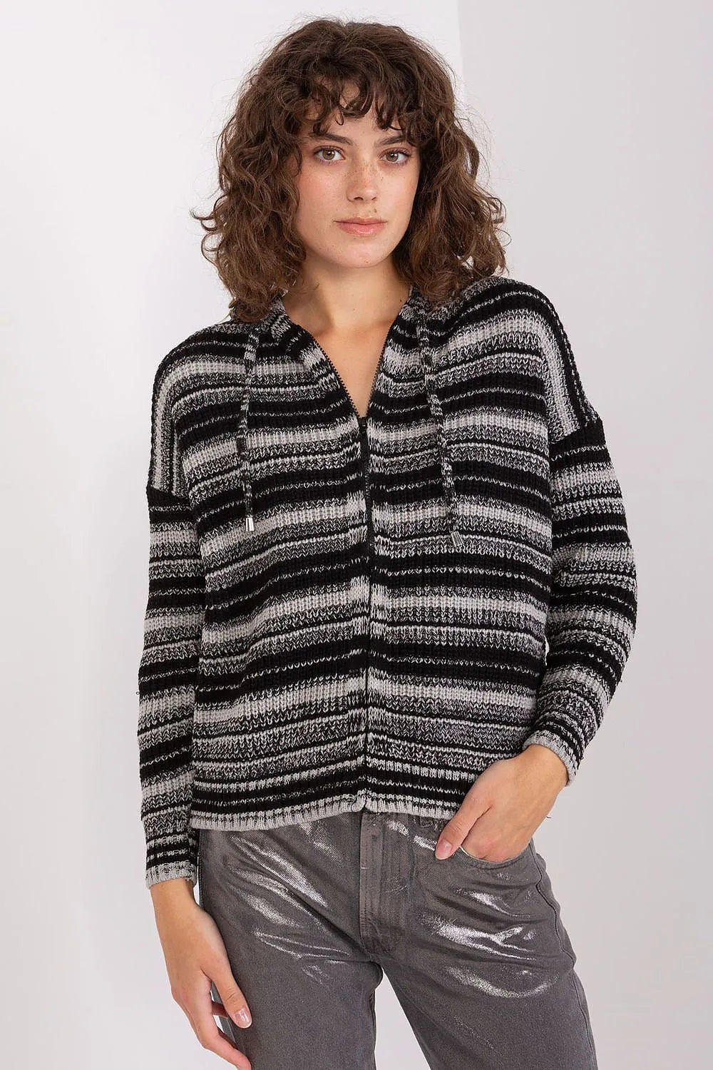 Women's Striped Hooded Zip Cardigan Sweater