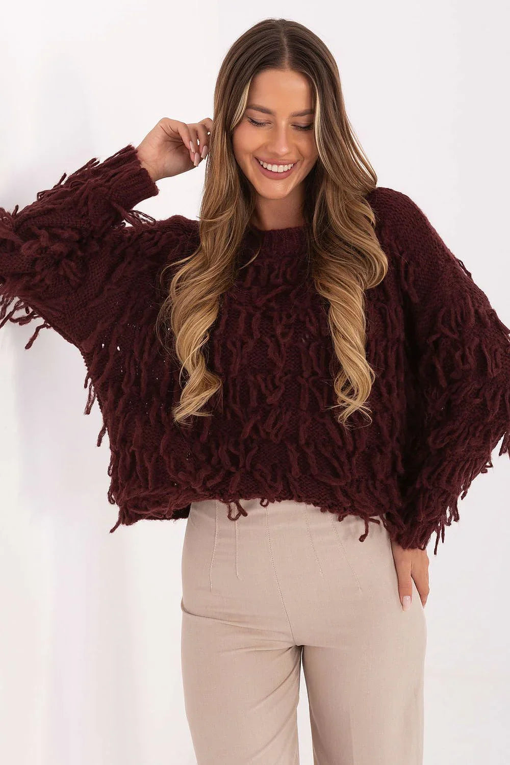 Women's Textured Oversized Crew Neck Pullover Sweater