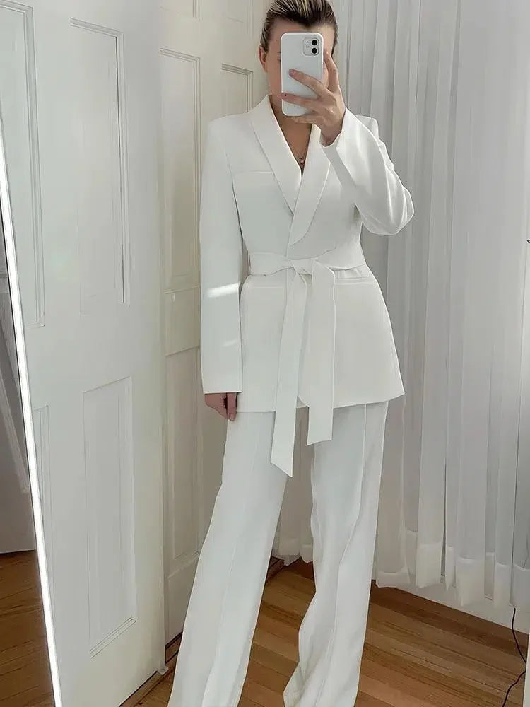 Belted High Waist Wide Leg Pant Suit -Guocali