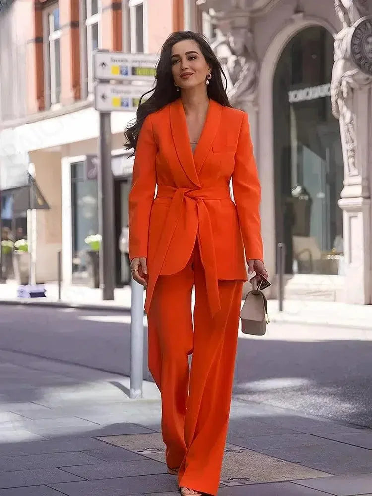 Belted High Waist Wide Leg Pant Suit -Guocali