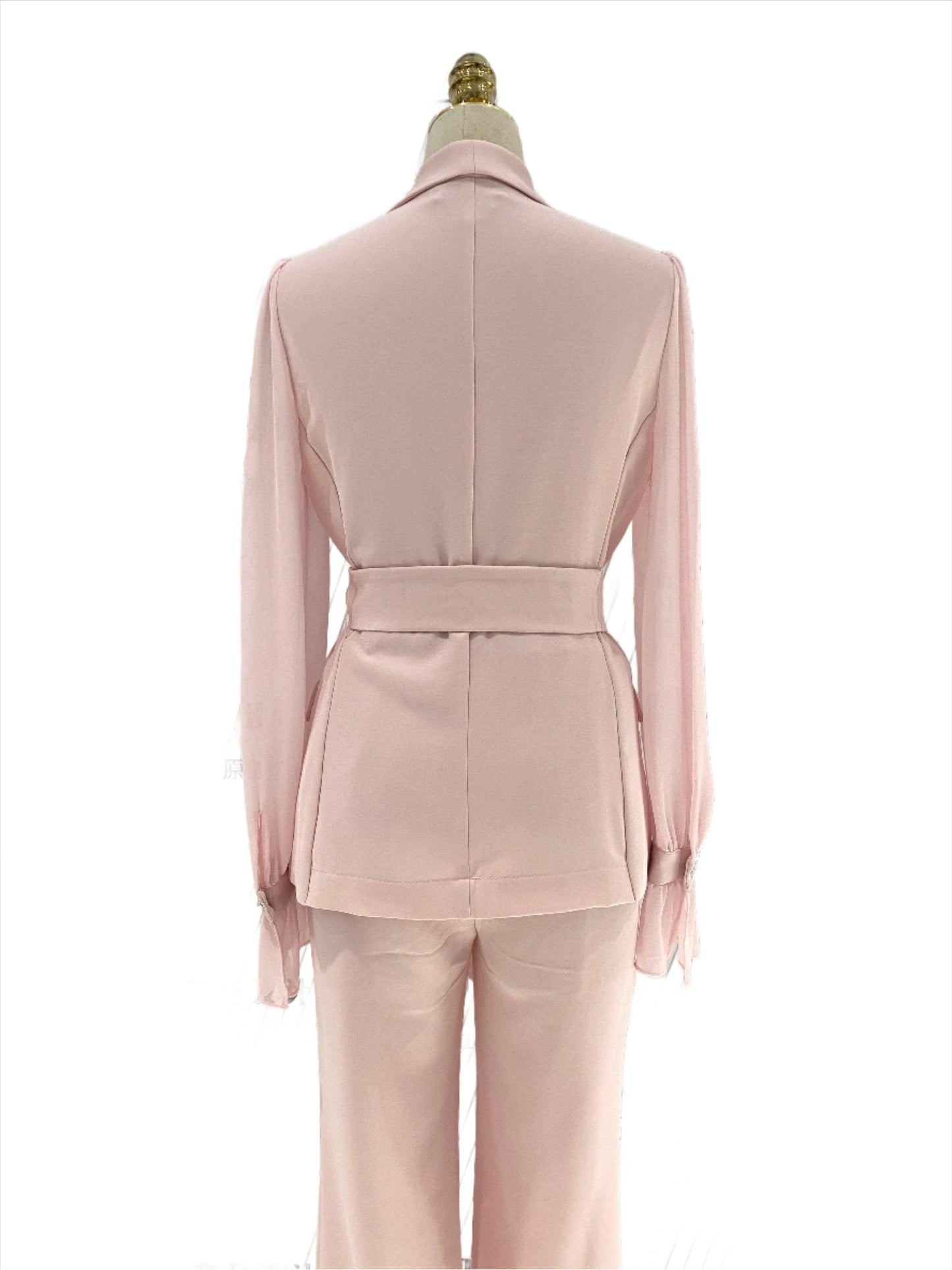 Belted Women Pant Suit, Spliced Sleeves -Two Piece Trouser Suit - Pantsuit - Guocali