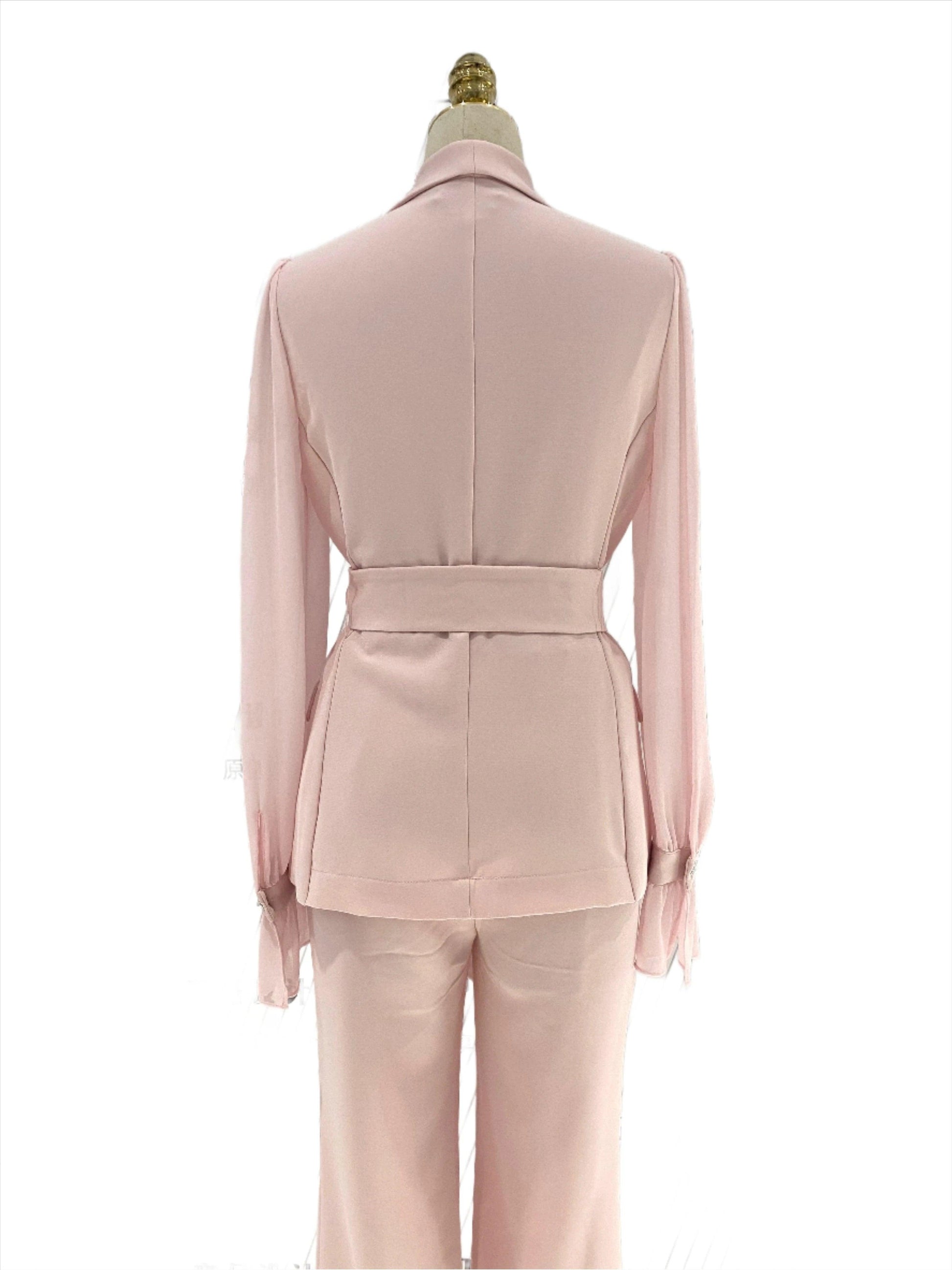 Belted Women Pant Suit, Spliced Sleeves -Two Piece Trouser Suit - Pantsuit - Guocali