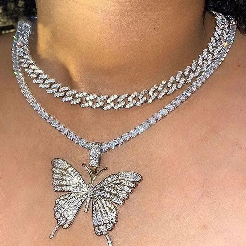 Big Butterfly Pendant Necklace - Rhinestone Jewelry -Guocali