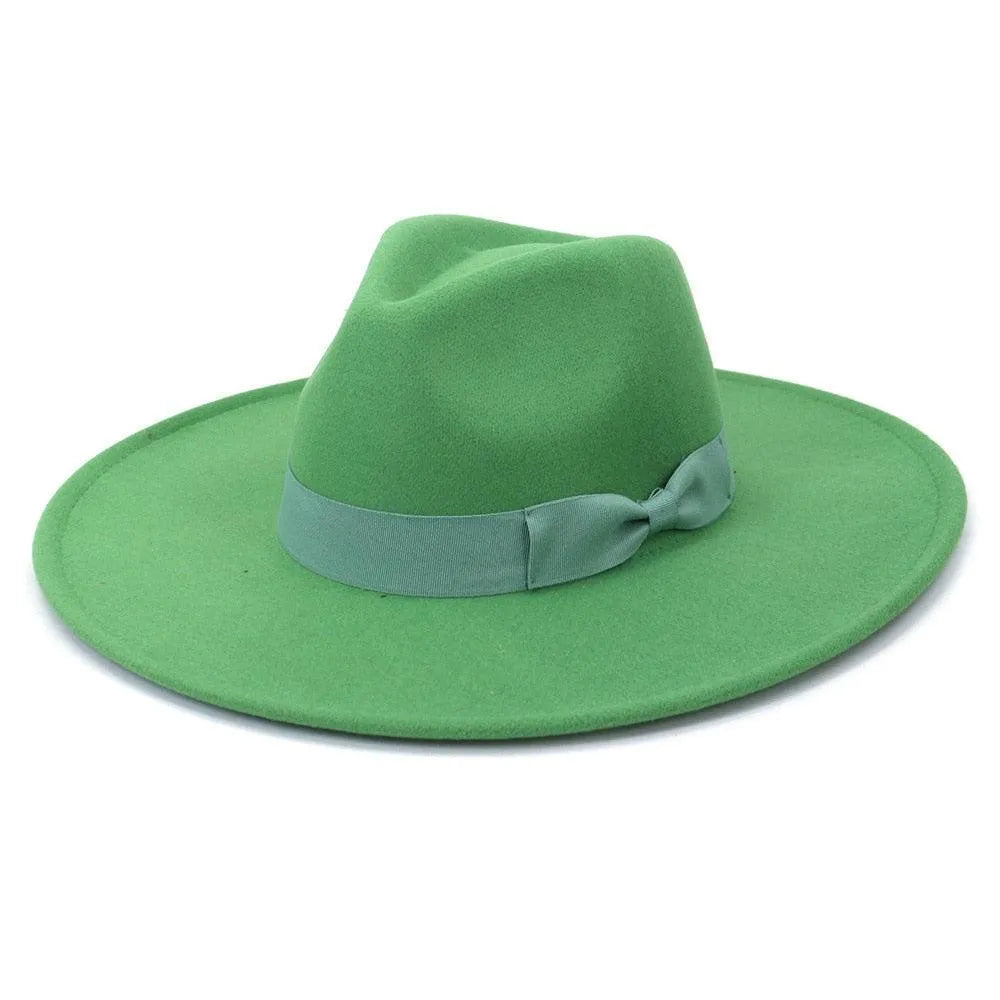 Green wide-brim retro fedora hat with matching ribbon from GUOCALI Paris luxury fashion