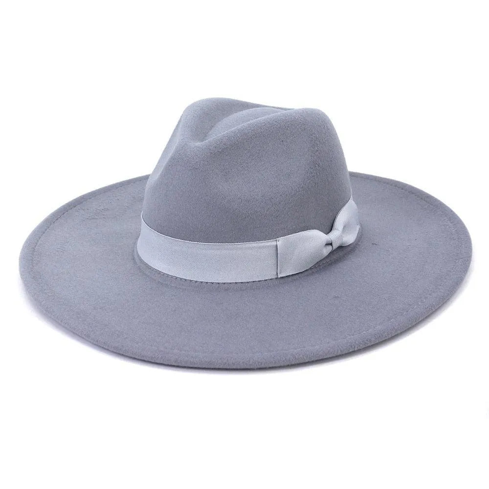 Wide brim light grey retro fedora hat with matching band, luxury accessory from GUOCALI