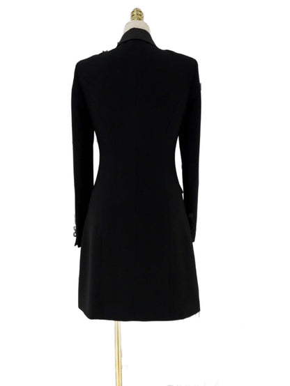 Black Blazer Dress, Satin Collar, Tuxedo Dress - Blazer Dress - Guocali