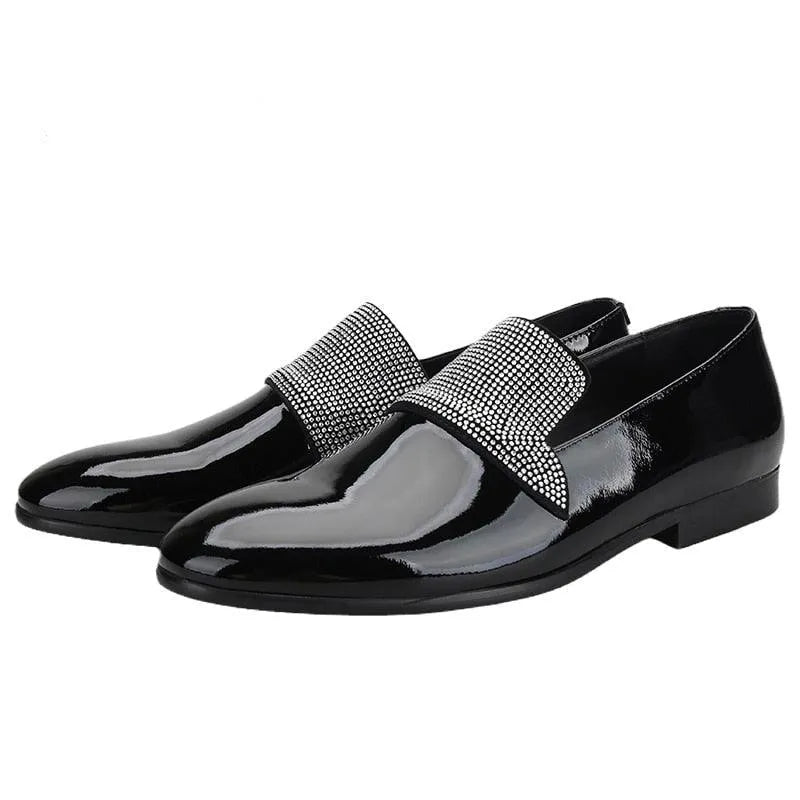 Black Patent Leather Loafers With Rhinestones - Men Shoes -Guocali