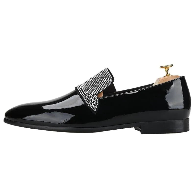 Black Patent Leather Loafers With Rhinestones - Men Shoes -Guocali