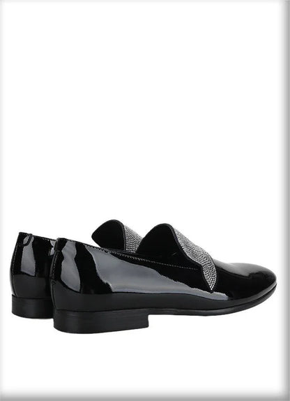 Black Patent Leather Loafers With Rhinestones - Men Shoes -Guocali