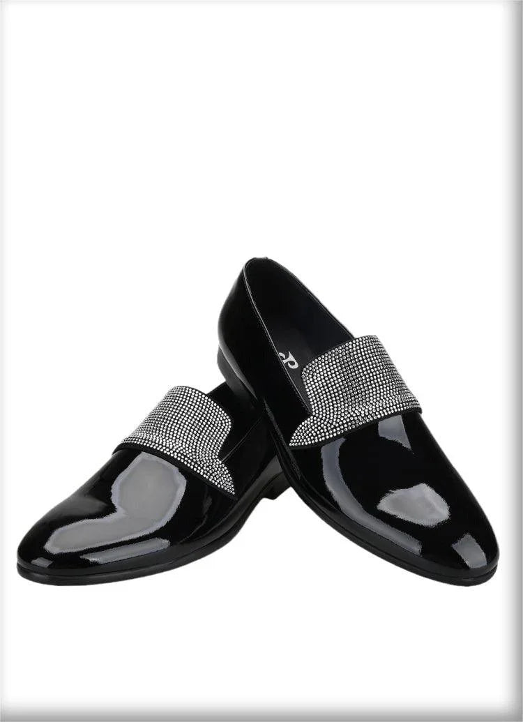 Black Patent Leather Loafers With Rhinestones - Men Shoes -Guocali