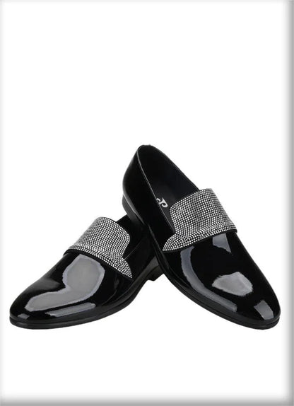 Black Patent Leather Loafers With Rhinestones - Men Shoes -Guocali
