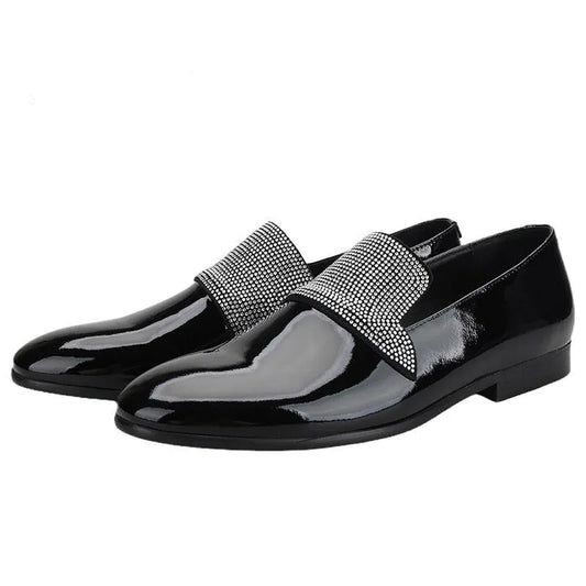 Black Patent Leather Loafers With Rhinestones - Men Shoes -Guocali