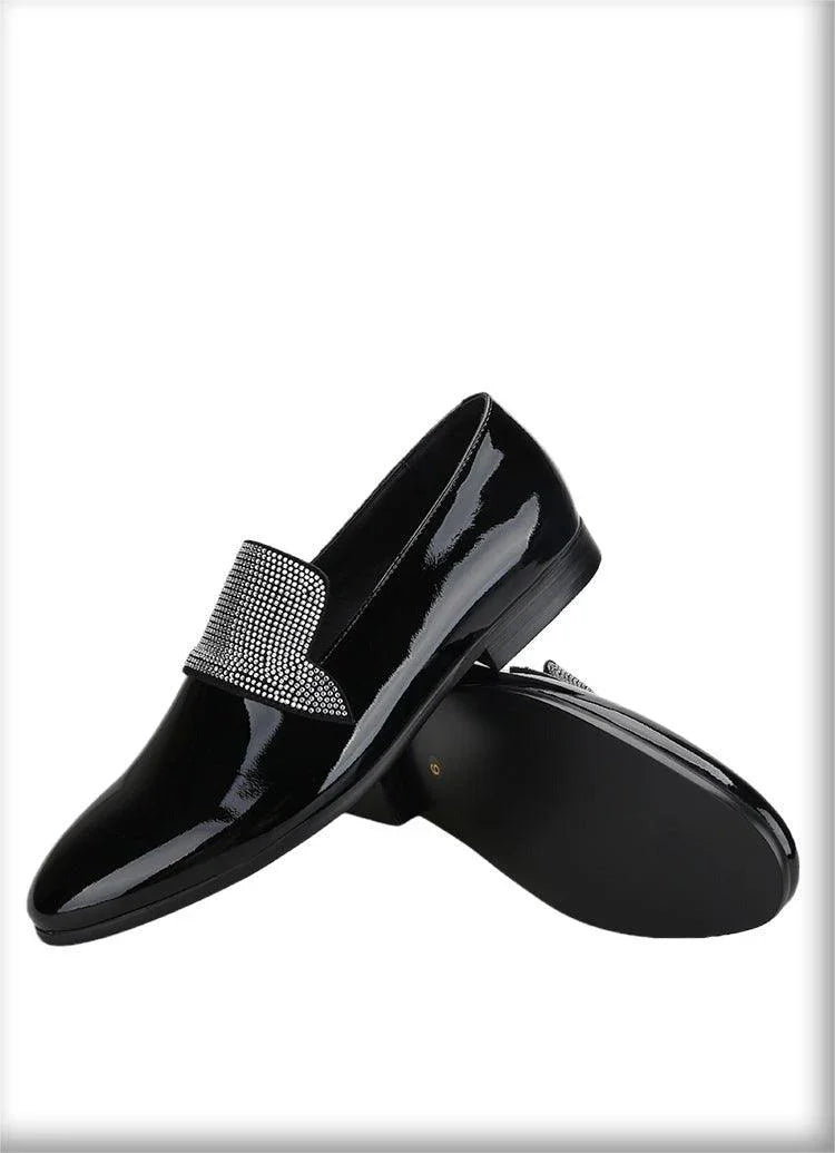Black Patent Leather Loafers With Rhinestones - Men Shoes -Guocali