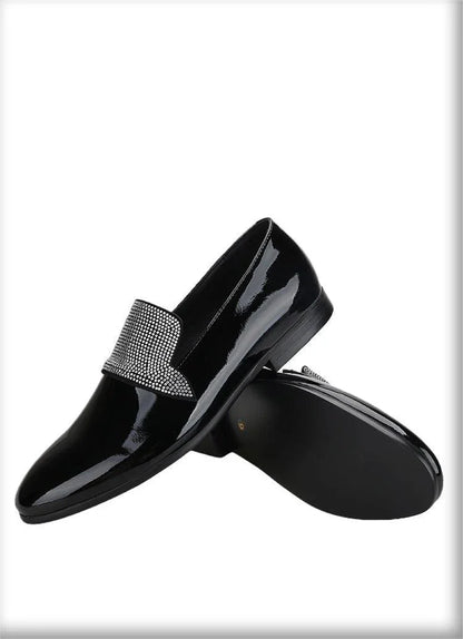Black Patent Leather Loafers With Rhinestones - Men Shoes -Guocali