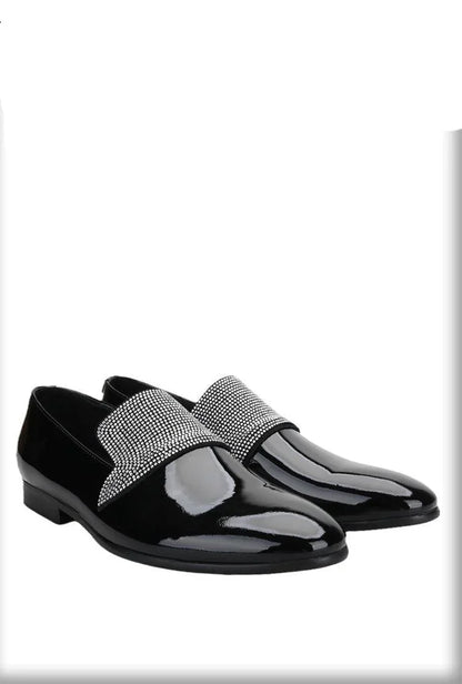 Black Patent Leather Loafers With Rhinestones - Men Shoes -Guocali