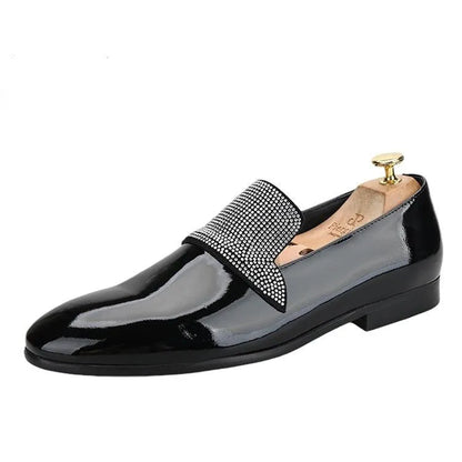 Black Patent Leather Loafers With Rhinestones - Men Shoes -Guocali
