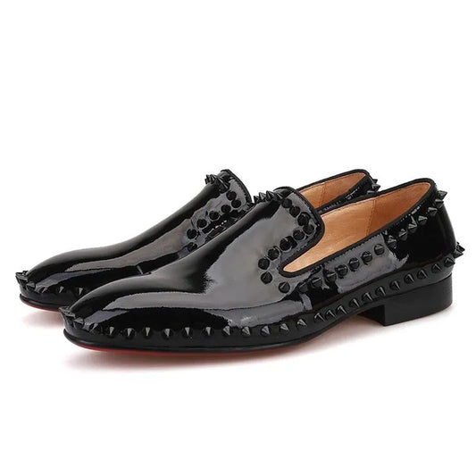 Black Patent Leather Spiked Men Loafers - Men Shoes -Guocali
