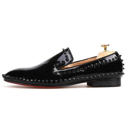 Black Patent Leather Spiked Men Loafers - Men Shoes -Guocali