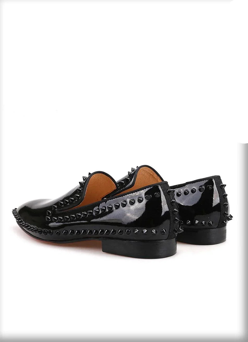 Black Patent Leather Spiked Men Loafers - Men Shoes -Guocali