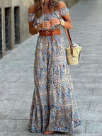 Boat Neck Bohemian Dress -Guocali