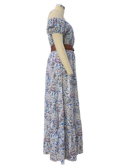 Boat Neck Bohemian Dress -Guocali