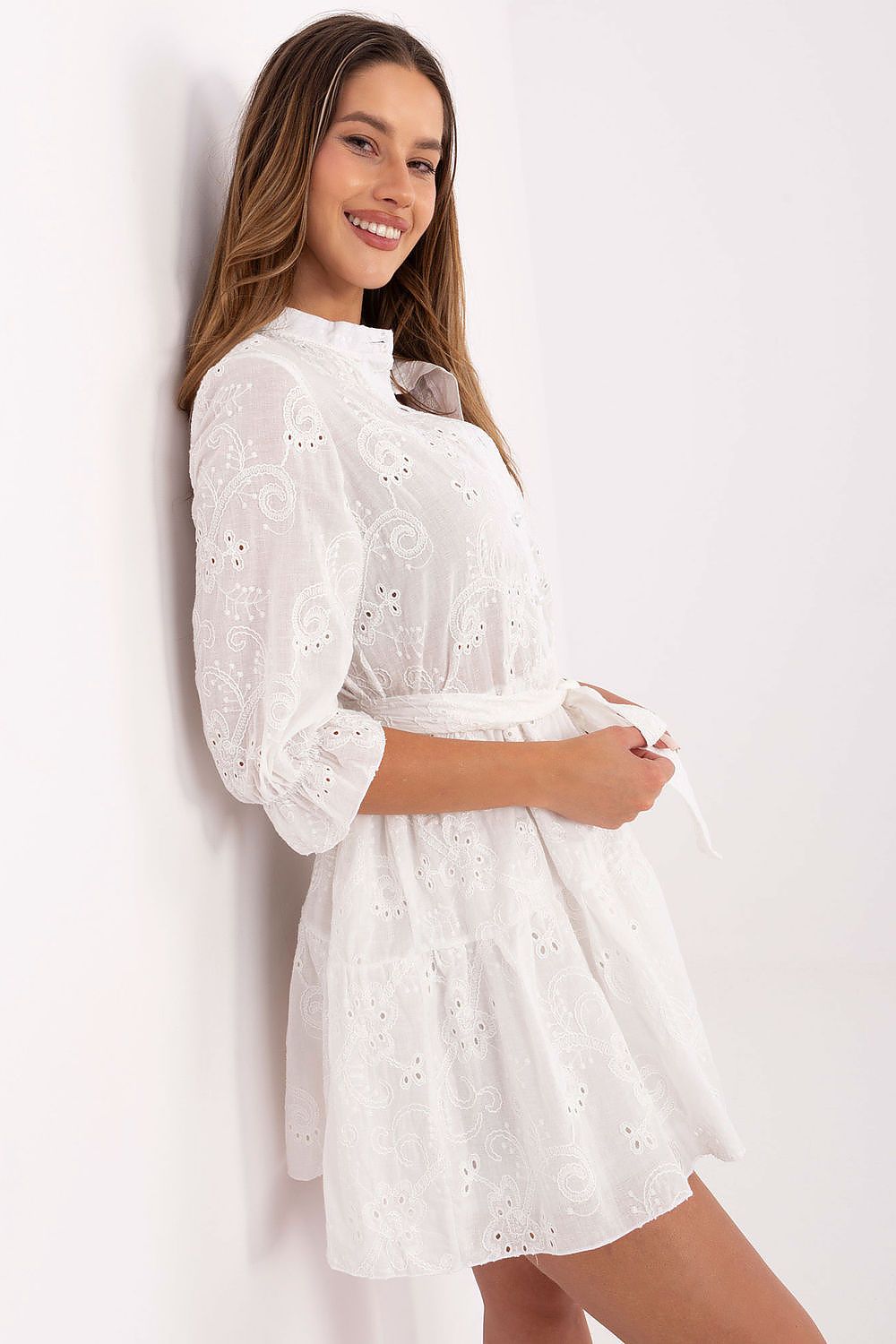 boho embroidered mandarin collar three quarter sleeves mini day dress – Daydress | GUOCALI – view 2