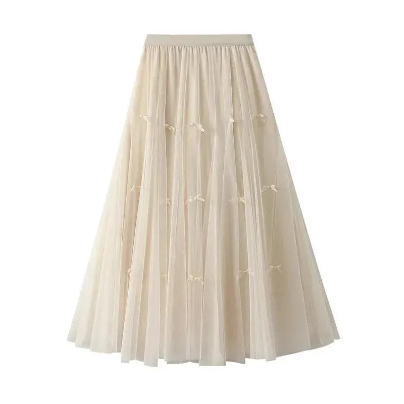 Bow Mesh Elastic A-Line Skirt -Guocali