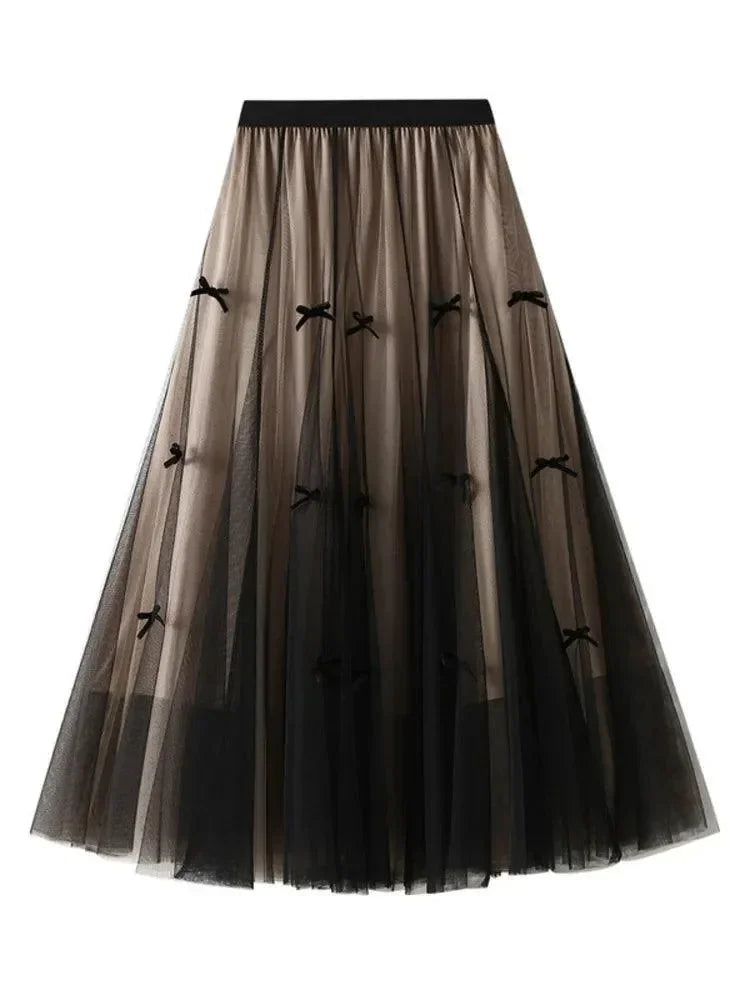 Bow Mesh Elastic A-Line Skirt -Guocali