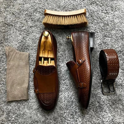 Brown Woven Monk Strap Loafers -Guocali