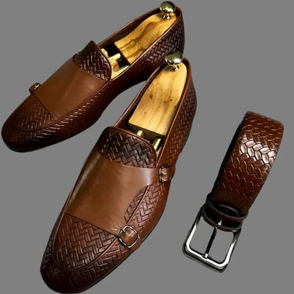 Brown Woven Monk Strap Loafers -Guocali