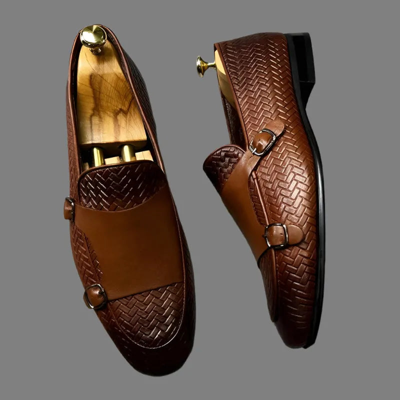 Brown Woven Monk Strap Loafers -Guocali