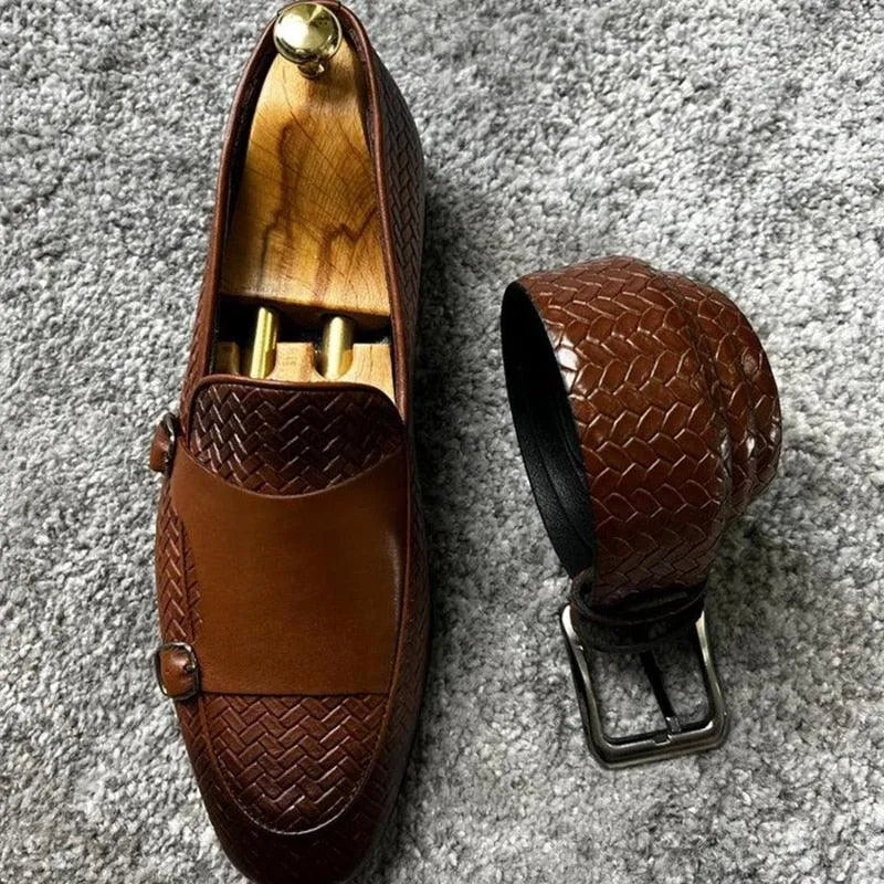 Brown Woven Monk Strap Loafers -Guocali