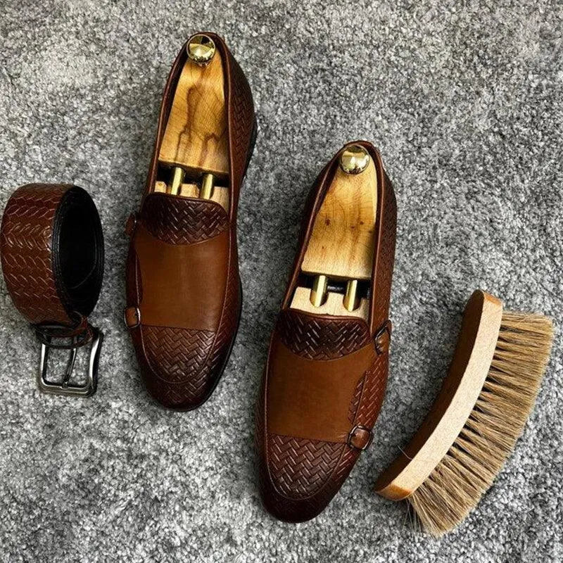 Brown Woven Monk Strap Loafers -Guocali