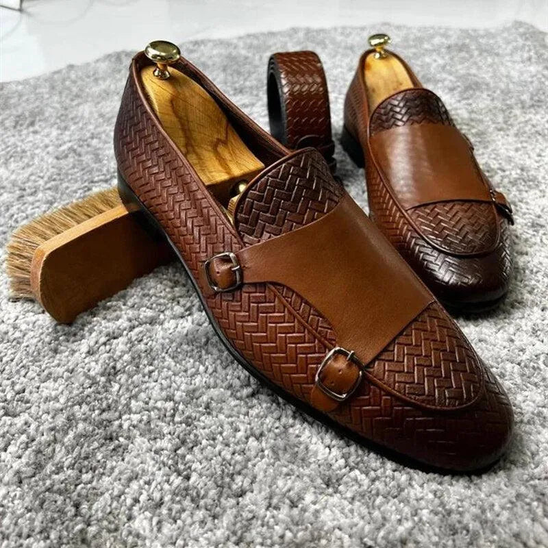 Brown Woven Monk Strap Loafers -Guocali