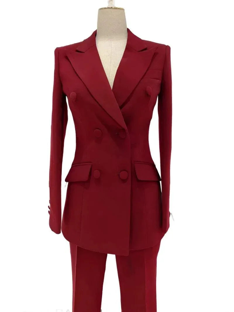 Elegant Women's Pant Suit - Solid Double-Breasted - Burgundy