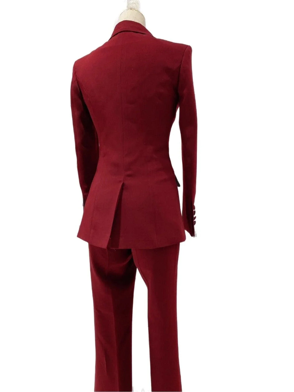 Elegant Women's Pant Suit - Solid Double-Breasted - Burgundy