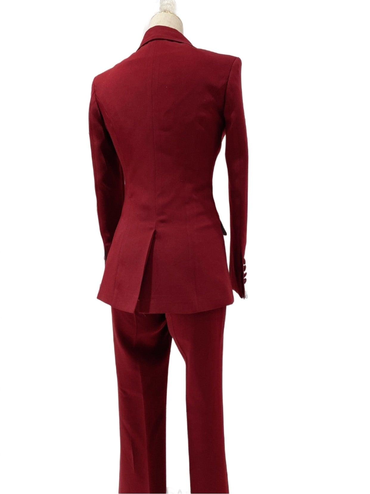 Burgundy Women Pant Suit - Double-Breasted Slim Fit Trouser Suit - Pantsuit - Guocali