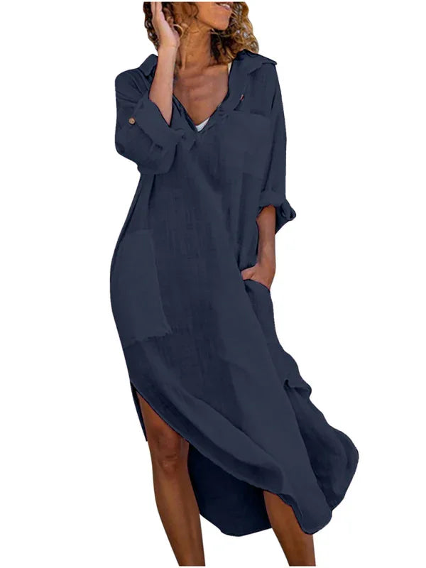 Button Front Shirt Dress – Long, Collar, Relaxed Slit Cut – Shirt Dress | GUOCALI – view 17