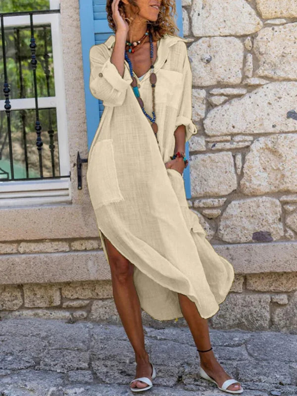 Button Front Shirt Dress – Long, Collar, Relaxed Slit Cut – Shirt Dress | GUOCALI – view 4