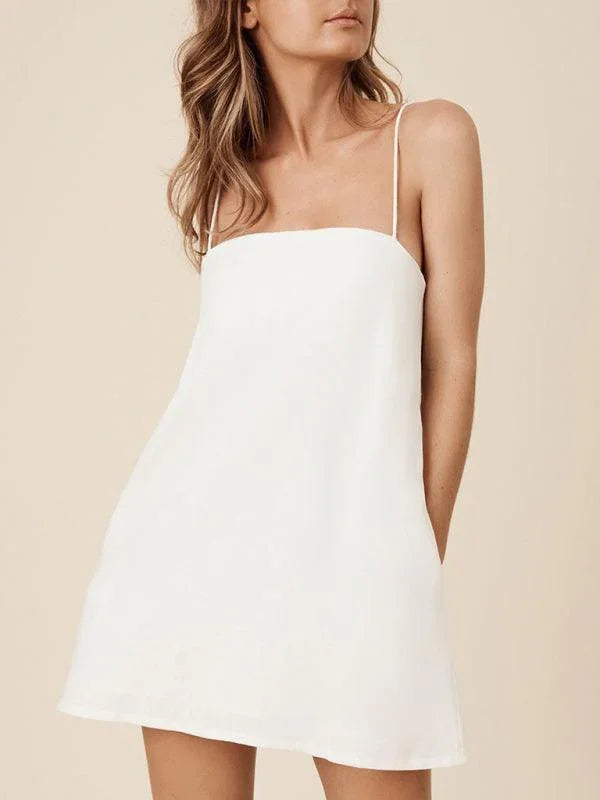 Casual Cotton Linen Suspender Holiday Dress -Guocali
