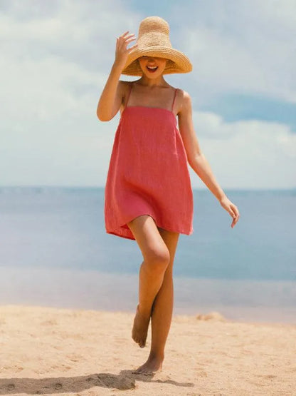 Casual Cotton Linen Suspender Holiday Dress -Guocali