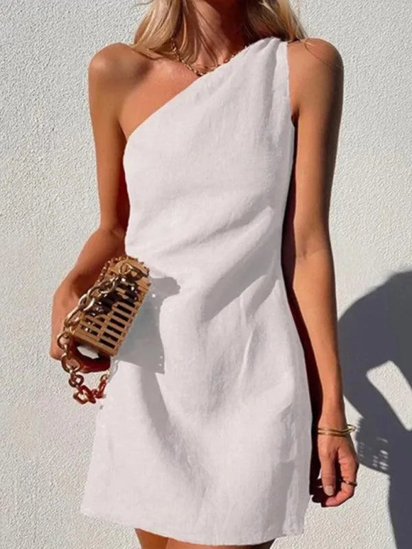 Casual Solid Color Slant Shoulder Dress -Guocali