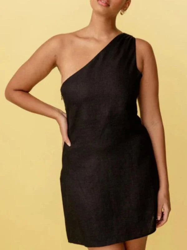 Casual Solid Color Slant Shoulder Dress -Guocali