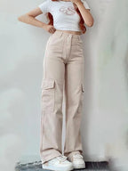 Casual Women Cargo Pants – Mid Rise Button Front -Guocali