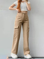Casual Women Cargo Pants – Mid Rise Button Front -Guocali